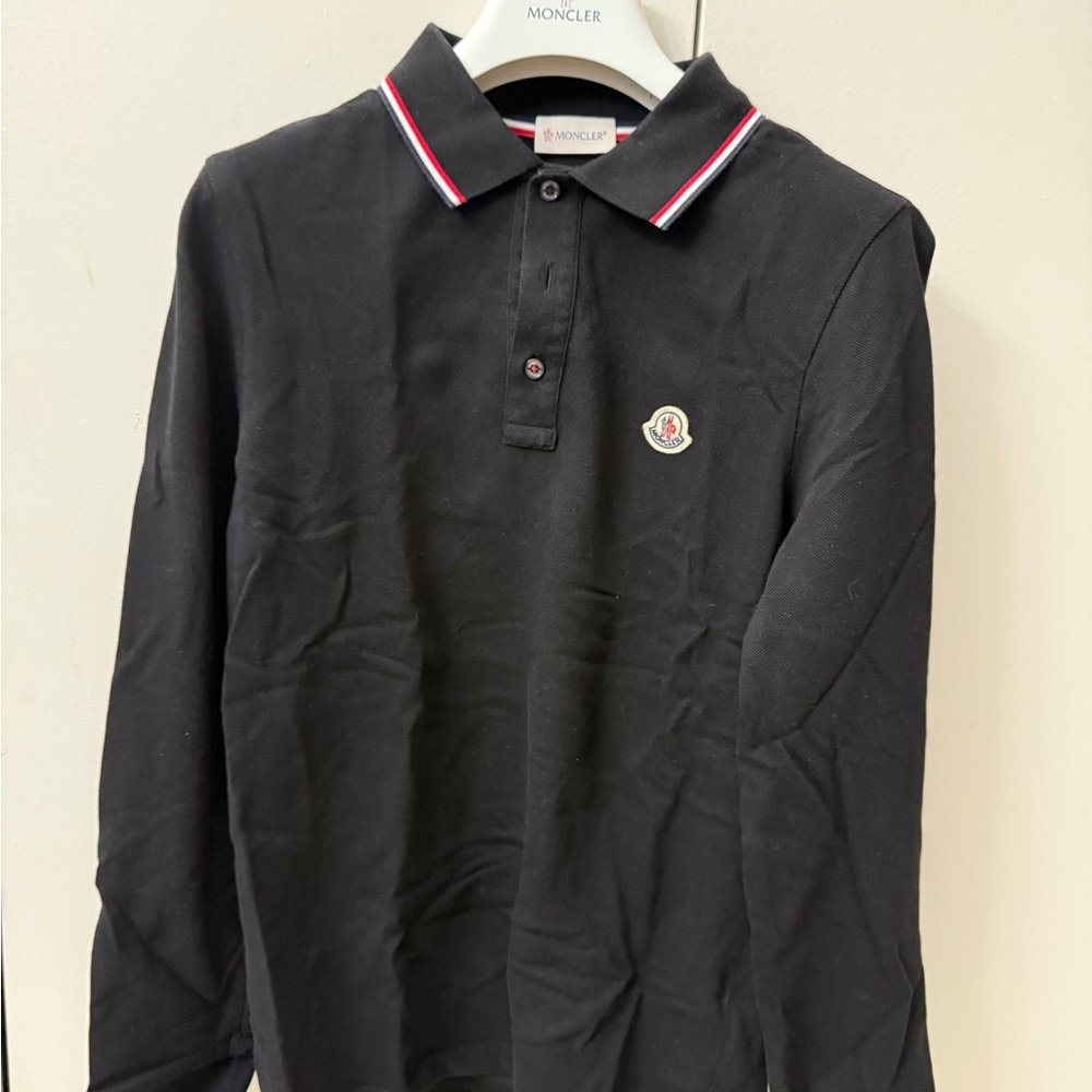 Moncler Black Long Sleeve Polo with Red Trim